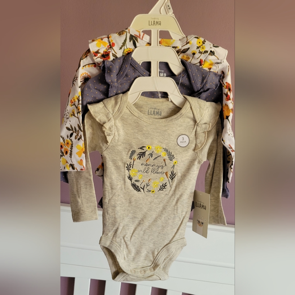 3pk - Wild flower laughing llama long sleeve baby girl onesies NWT 6 MONTHS